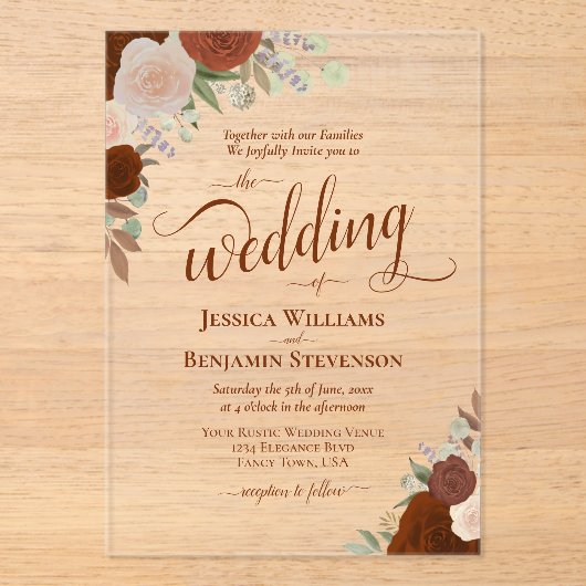 Elegant Roest Verbrand Sinaasappel Boho Rozen Fanc Acryl Uitnodigingen (Voorkant)