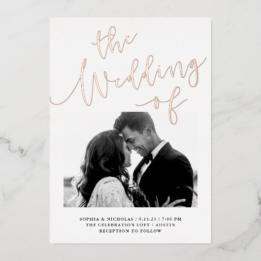 Elegant Romance | Roos Gold Foil Photo Weddenschap Folie Uitnodiging (Voorkant)