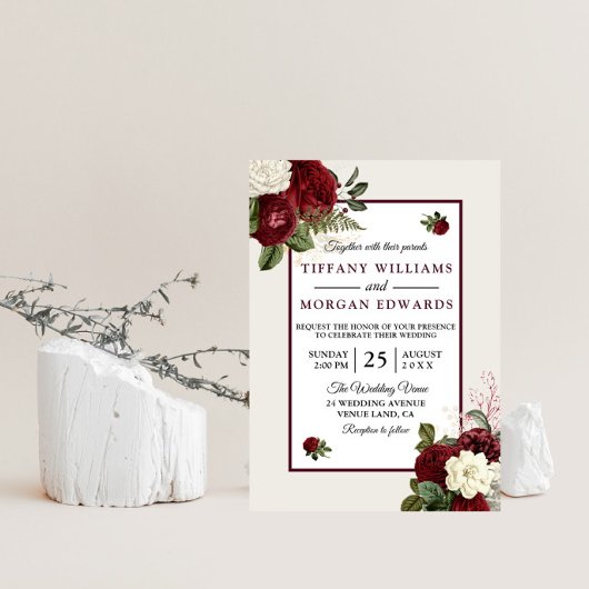 Elegant Romantic Burgundy Floral Wedding Invite Kaart