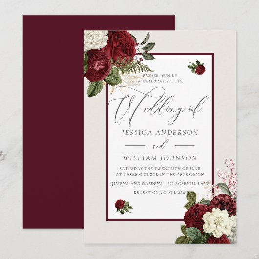 Elegant Romantic Burgundy Red Floral Wedding Kaart (Voorkant / Achterkant)