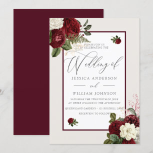 Elegant Romantic Burgundy Red Floral Wedding Kaart
