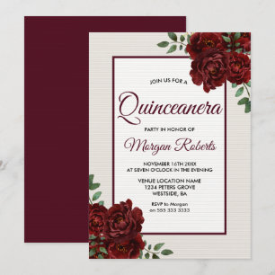 Elegant Romantic Burgundy Rozen Quinceanera Kaart