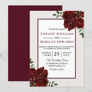 Elegant Romantic Burgundy Rozen Wedding Invite Kaart