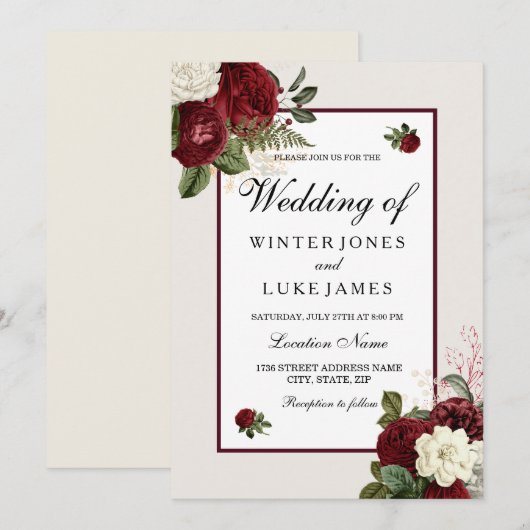 Elegant Romantic Burgundy & White Flowers Wedding Kaart (Voorkant / Achterkant)