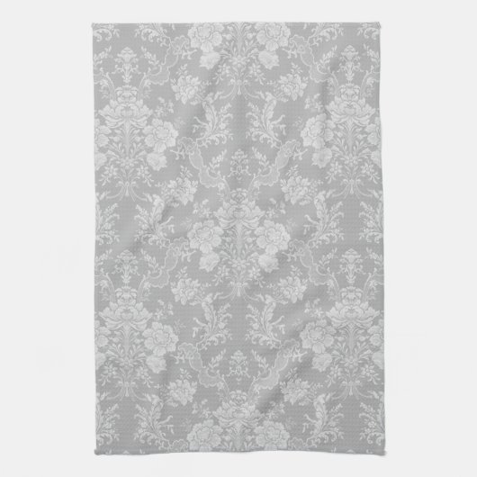 Elegant Romantic Chic Floral Damask-Grey Theedoek (Verticaal)
