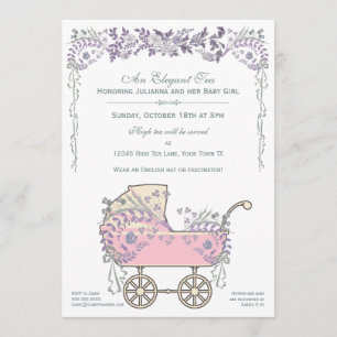 Elegant Romantic Floral Baby Girl Buggy Shower Kaart