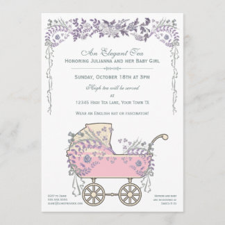 Elegant Romantic Floral Baby Girl Buggy Shower Kaart