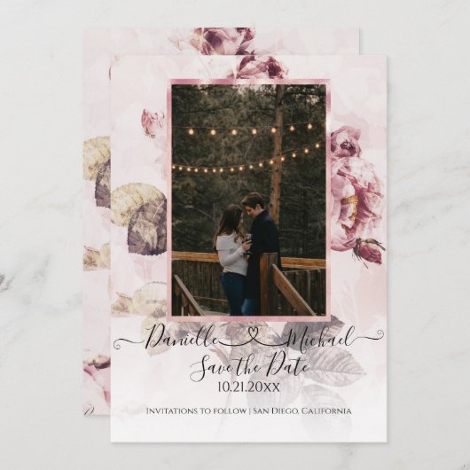 Elegant Romantic Floral Rozen Script Heart Foto Save The Date (Voorkant / Achterkant)