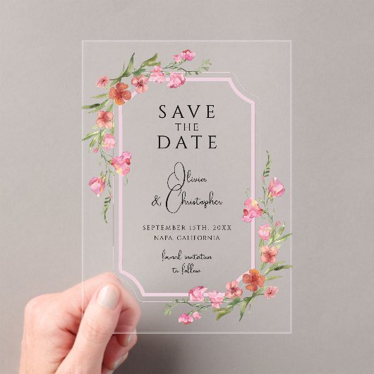 Elegant Romantic Floral slaat de datum op Acryl Uitnodigingen (Insitu (Draagbaar))