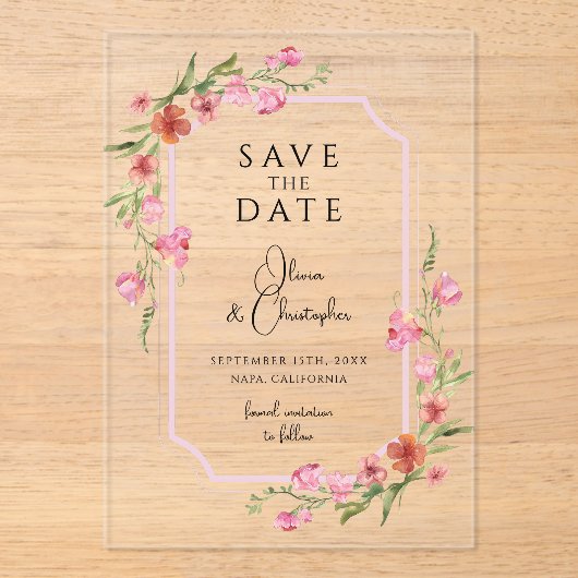 Elegant Romantic Floral slaat de datum op Acryl Uitnodigingen (Voorkant)