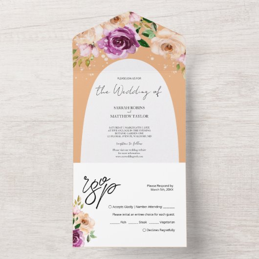 Elegant Romantic Paars Peach Waterverf Flowers All In One Uitnodiging (Binnen)