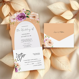 Elegant Romantic Paars Peach Waterverf Flowers All In One Uitnodiging