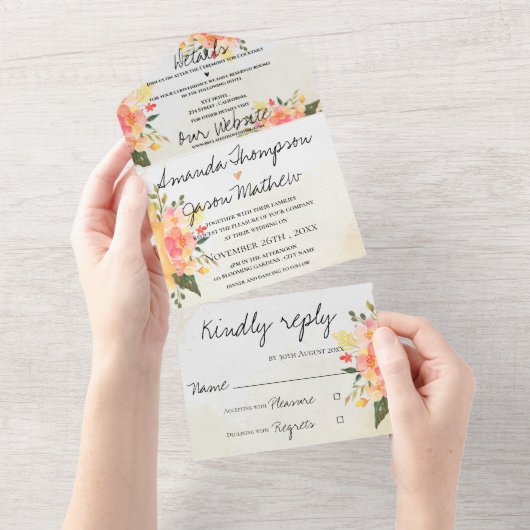 Elegant Romantic Peach Floral Monogram Weddenschap All In One Uitnodiging (Afscheurbaar)