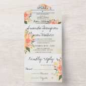 Elegant Romantic Peach Floral Monogram Weddenschap All In One Uitnodiging (Binnen)