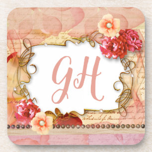 Elegant Romantic Peach Pink Floral Monogrammen Bier Onderzetter