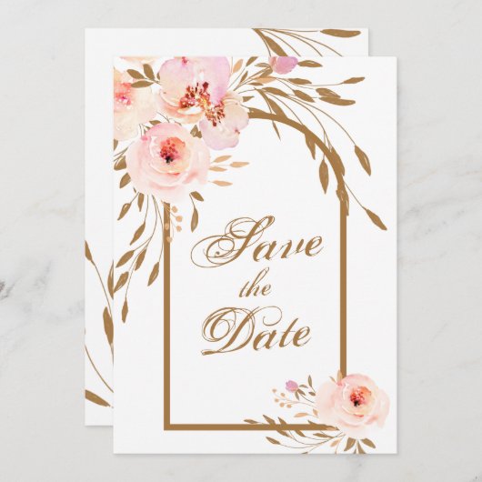 Elegant Romantic Pink Blush Gold Floral Save The Date (Voorkant / Achterkant)