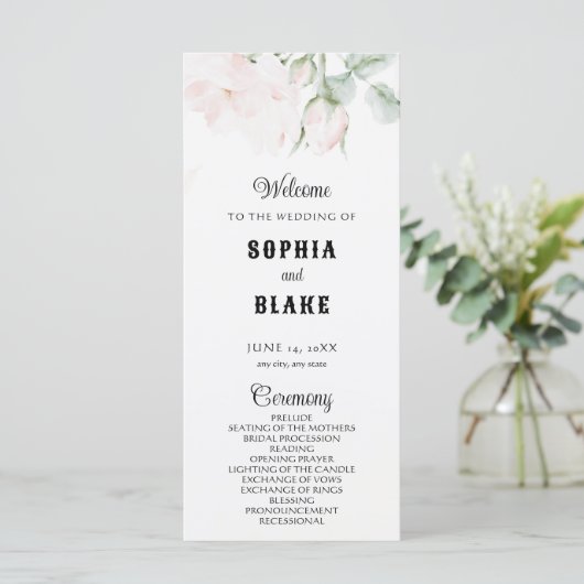 Elegant Romantic Roses White Wedding Programme (Staand voorkant)