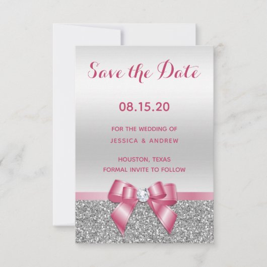 Elegant Romantic roze bow & zilver Glitter Wedding Save The Date (Voorkant)