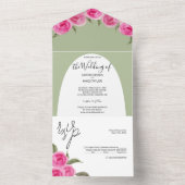 Elegant Romantic Roze Groene Waterverf Rozen All In One Uitnodiging (Binnen)