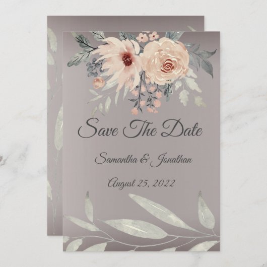 Elegant Romantic Silver Pink Floral Save the Date Kaart (Voorkant / Achterkant)