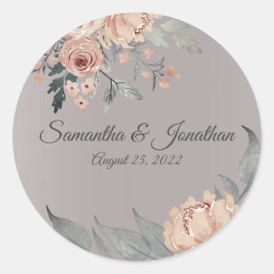 Elegant Romantic Silver Pink Floral Wedding Ronde Sticker