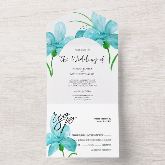 Elegant Romantisch Blauw Waterverf Iris All In One Uitnodiging (Binnen)