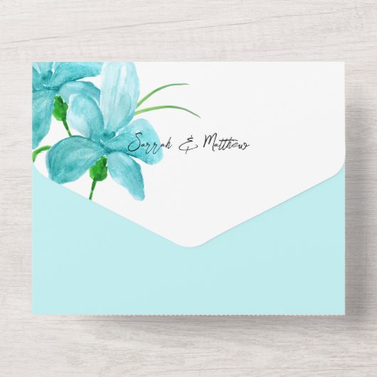 Elegant Romantisch Blauw Waterverf Iris All In One Uitnodiging (Achterkant)