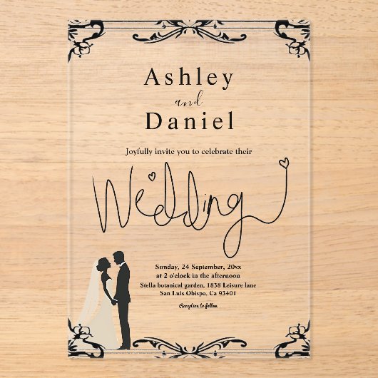 Elegant romantisch koppel zwart-wit bruiloft acryl uitnodigingen (Voorkant)