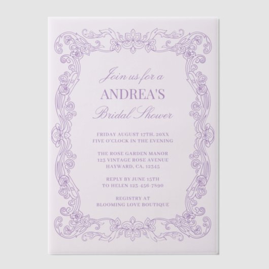 Elegant romantisch lavendel Vrijgezellenfeest Vellum Uitnodigingen (Voorkant)