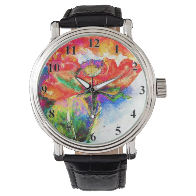 Elegant rood abstract bloemenschilderij waterverf horloge (Voorkant)