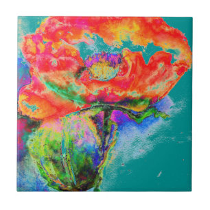 Elegant rood bloemenschilderij waterverf blauwgroe tegeltje