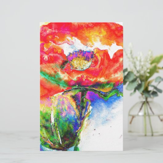 Elegant rood bloemenschilderij waterverf briefpapier (Staand voorkant)