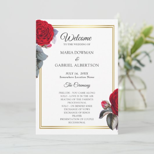 Elegant rood bloesem roos. Botanische bruiloft Programma (Staand voorkant)