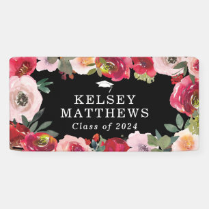 Elegant rood & blush roze bloemig Afstuderen Spandoek