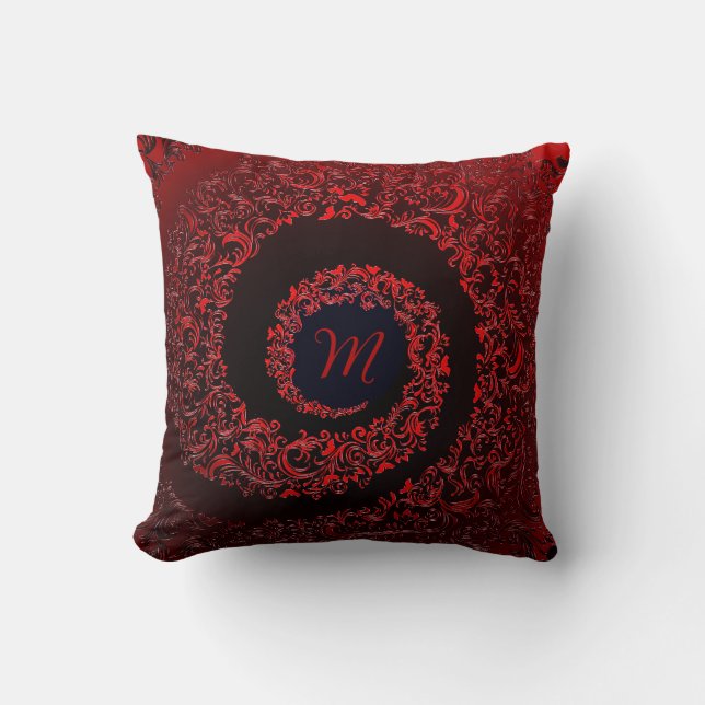 Elegant rood damast monogram kussen (Voorkant)