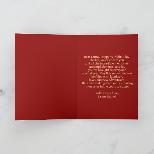 Elegant rood en goud 40e verjaardag kaart (Binnen)