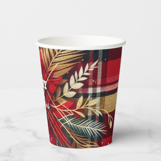 Elegant Rood en Goud Feestelijk Plaid Papieren Bekers (Achterkant)