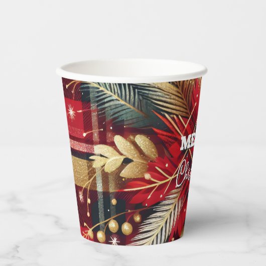 Elegant Rood en Goud Feestelijk Plaid Papieren Bekers (Voorkant)