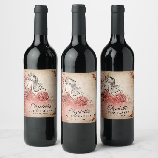Elegant rood en goud prinses perkament papier wijn etiket (Flessen)