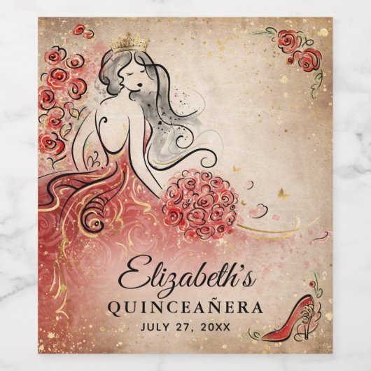Elegant rood en goud prinses perkament papier wijn etiket (Enkel label)