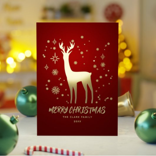Elegant Rood en Goud Rendier Vrolijk Kerstfeest Folie Feestdagenkaart
