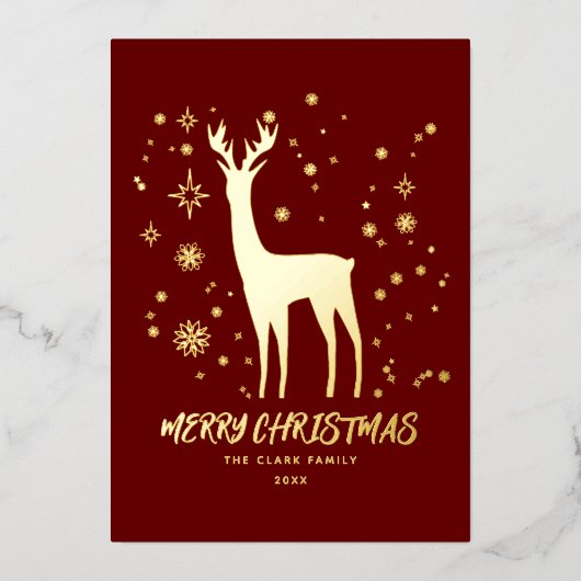 Elegant Rood en Goud Rendier Vrolijk Kerstfeest Folie Feestdagenkaart (Voorkant)