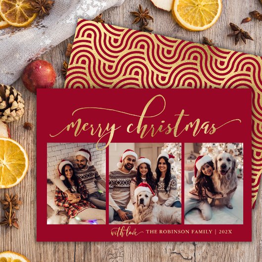Elegant Rood en Goud Script 3 foto Kerstmis Feestdagenkaart