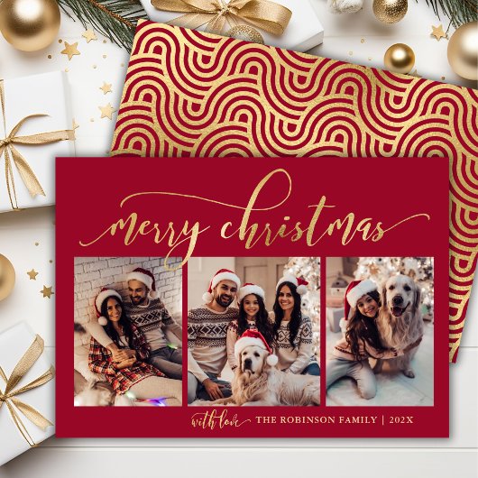 Elegant Rood en Goud Script 3 foto Kerstmis Feestdagenkaart