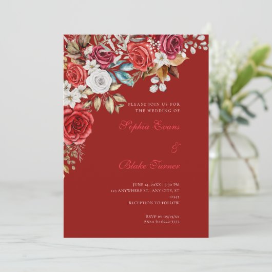Elegant Rood en Wit Rozen Scarlet Rood Bruiloft Kaart (Staand voorkant)