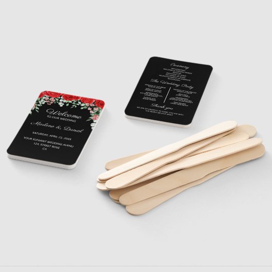 Elegant rood en zwart bloementrouwprogramma handwaaier (Niet-gemonteerd)