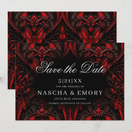 Elegant rood en zwart gotisch damast bruiloft save the date