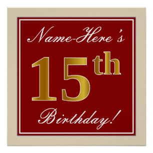 Elegant, rood, Faux Gold 15th Birthday; Naam op ma Perfect Poster