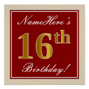 Elegant, rood, Faux Gold 16e verjaardag; Naam op m Perfect Poster