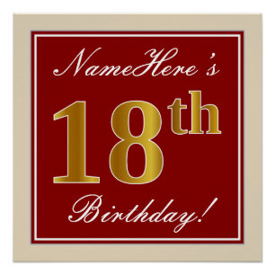 Elegant, rood, Faux Gold 18th Birthday; Naam op ma Perfect Poster